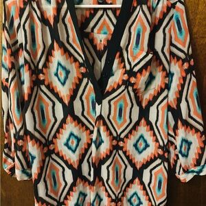 My Michelle Geometric Blouse - Orange, Blue, Black